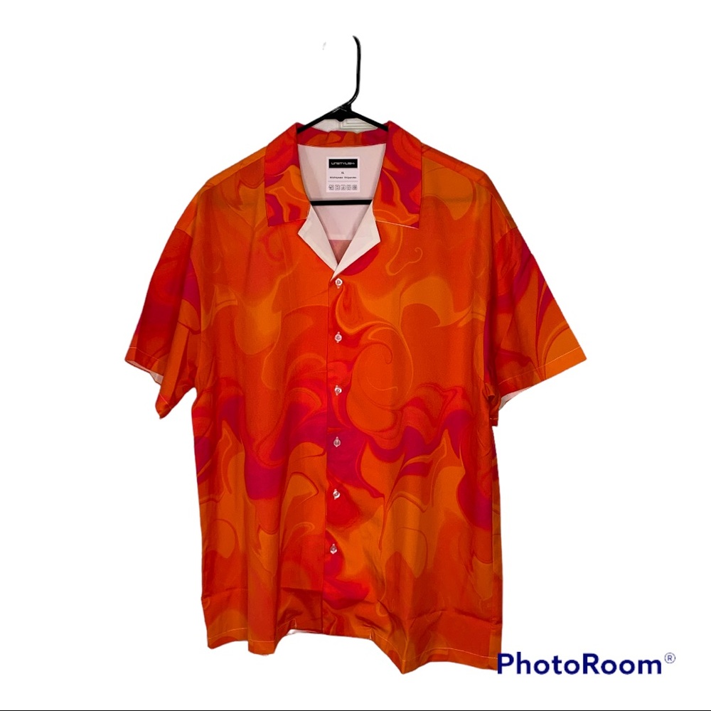 Orange swirl marble tie dye print Cuban collar Hawaiian shirt mens
